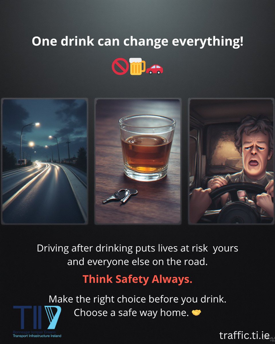 TIITraffic's tweet image. One drink can change everything! 🚫🍺🚗

Think Safety Always

Make the right choice before you drink. 
Choose a safe way home. 🤝

#RoadSafety 
#ThinkSafety #ChooseLife 
@GardaTraffic

@RSAIreland

@govdotie