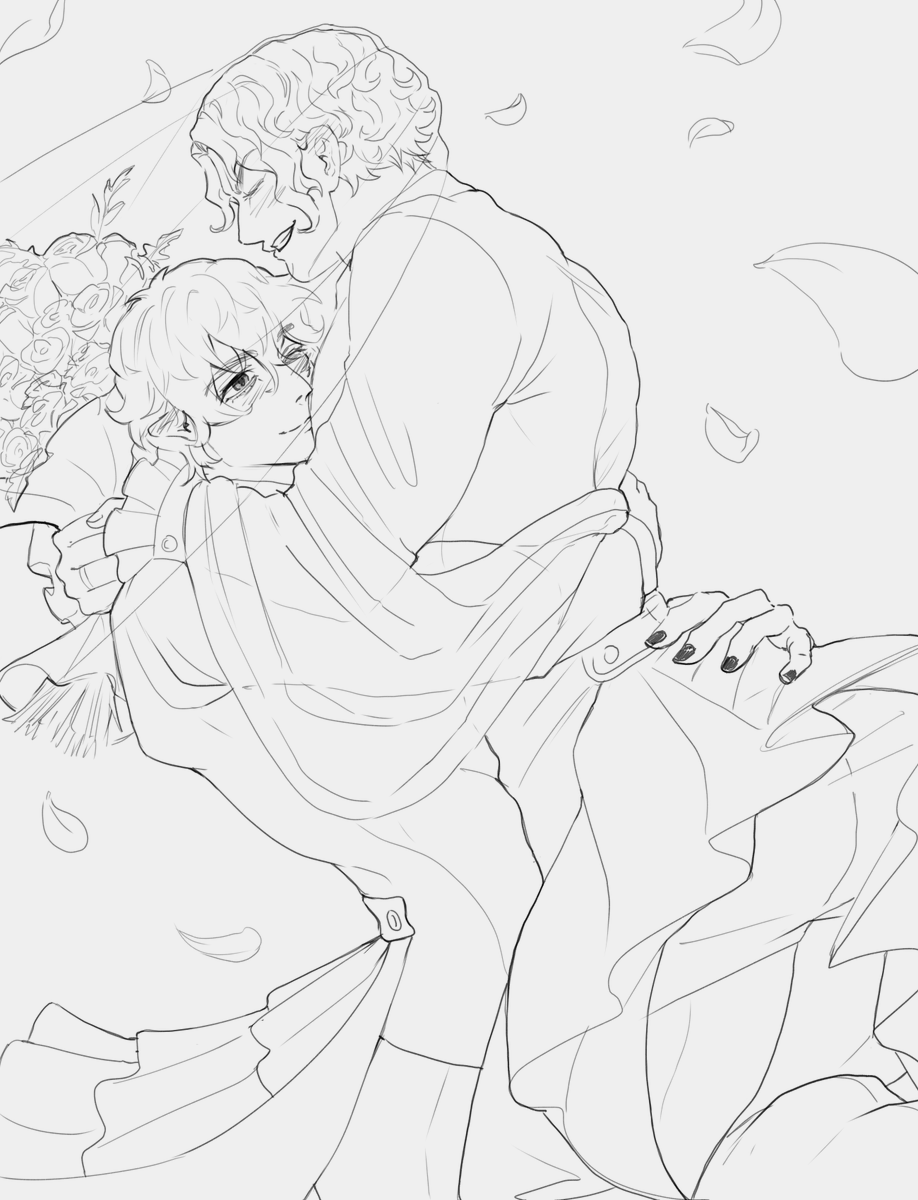 Leo77_sveen's tweet photo. [You hear the bells ringing after eternal vows have been spoken, Nikola smiles bright as ever, and Beelzebub has become the happiest man alive.]

First time drawing beelniko, I think they're really cute
#Beelniko https://t.co/Ge2MOfDeoI