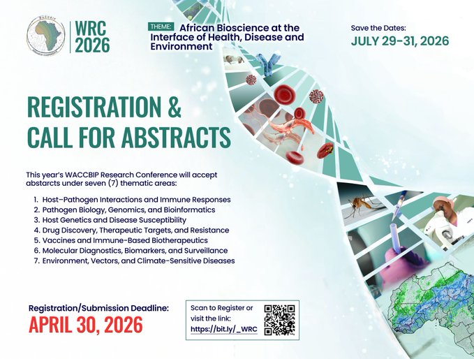 the_ACEProject's tweet image. The 10th @WACCBIP_UG Research Conference (#WRC2026) is now open for registration and abstract submissions! Set for 29–31 July 2026, the hybrid event invites contributions in genomics, vaccines, diagnostics &amp;amp; more.
Submit by 30 April: bit.ly/3Ntafii
#ACEImpact #Research