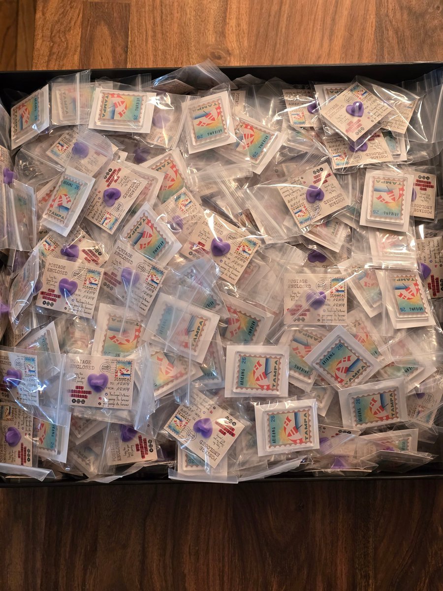 YesSugaIts4Ever's tweet photo. 3 week countdown to #bts_arirang_tampa 🎉 

Working on final assembly of 500 Tampa freebies. I love sending postcards so this mini postcard and Stamp pin I thought could be the perfect freebie when bag restrictions are so tight 😟 hope to see you there Day 1 &amp;2 💜 

#btsfreebies https://t.co/Kk8sW9yY6E