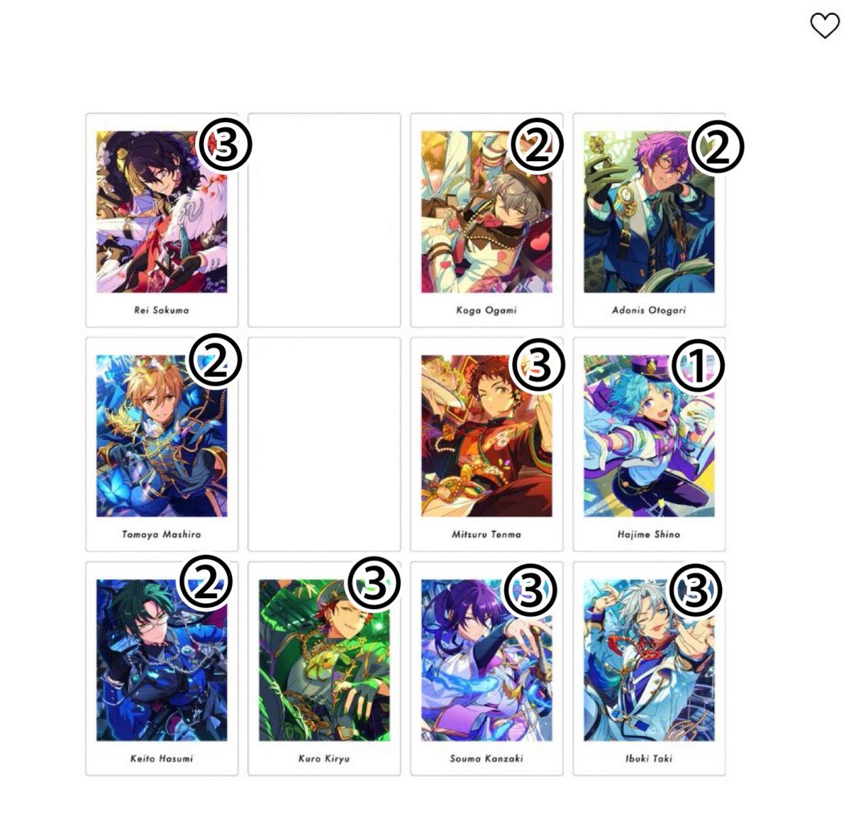 uiui_101's tweet photo. 【譲渡/交換】あんスタ ぱしゃっつ Vol.6 Action

譲〻画像
求〻藍良同種＞異種 or 90円＋送料

交換:１枚〜○
譲渡:2枚〜○
検索よりお声がけよろしくお願いします。 https://t.co/k60r1EXO0S