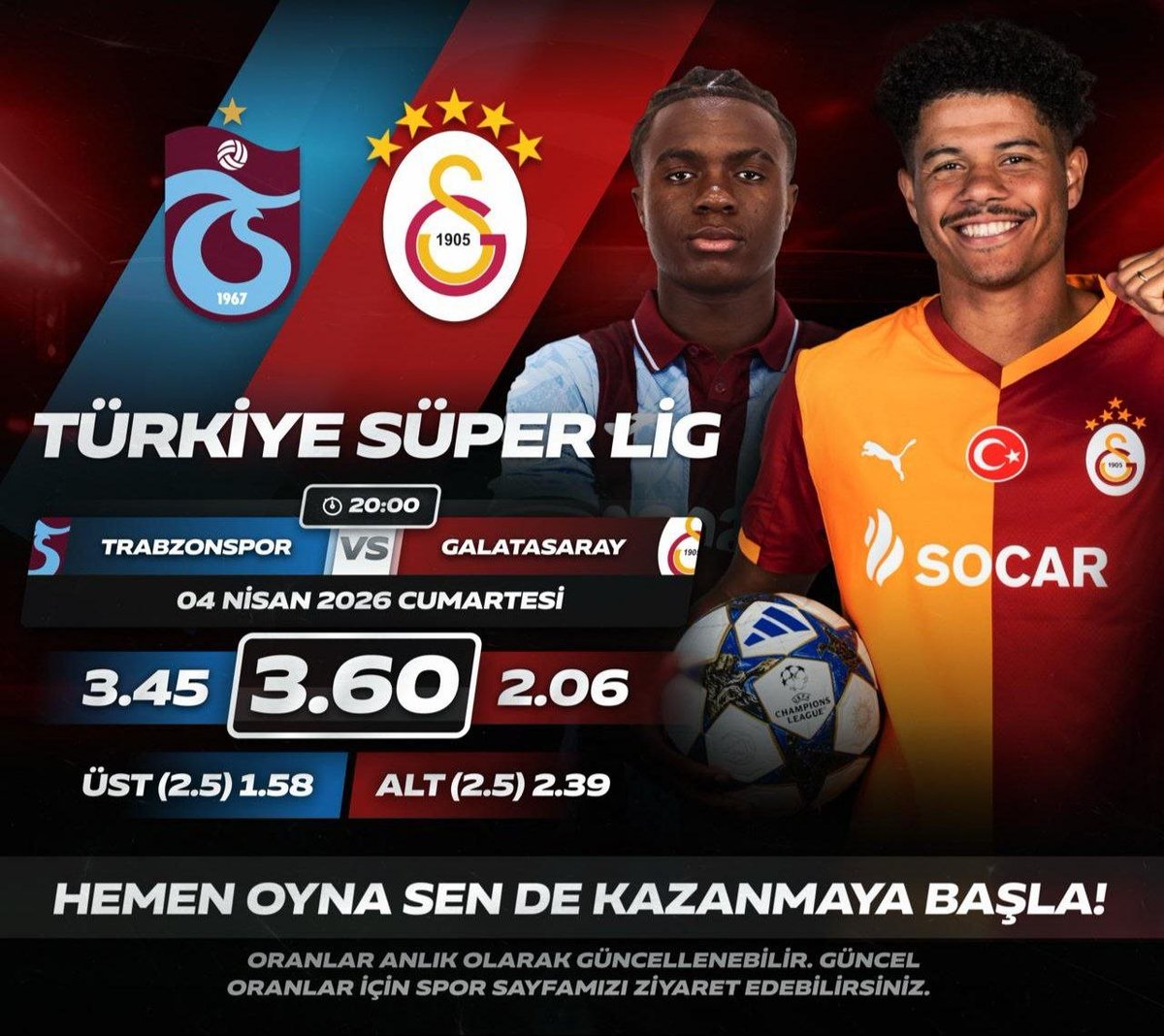 yeahmurkumar's tweet photo. Trabzonspor – Galatasaray

Özel oranlar ve canlı bahis seçenekleriyle derbi heyecanı Casibom Spor sayfasında seni bekliyor.

➡️  https://t.co/tCxxqU1G0R

#casibom #casibomspor #galatasaray #trabzonspor #macgunu #kupon #iddia https://t.co/G3EzunyTUg