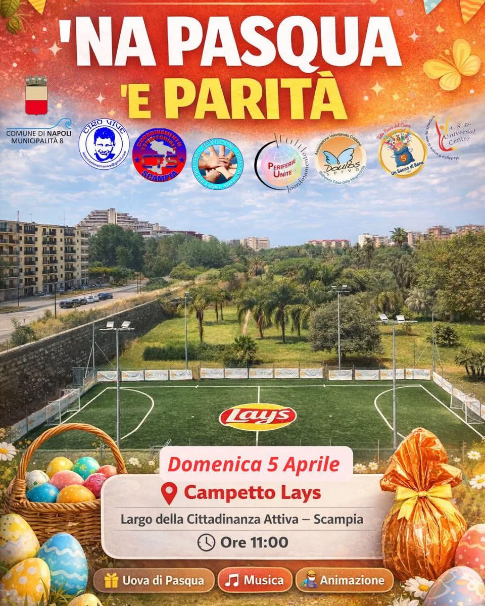 ✅ ‘N𝐀 𝐏A𝐒Q𝐔A ‘𝐄 𝐏A𝐑I𝐓À 🥚🐣🕊️ 
Ritorna anche quest’anno presso il  𝐂𝐚𝐦𝐩𝐞𝐭𝐭𝐨 𝐋𝐚𝐲𝐬 della Municipalità 8 sito in Largo della Cittadinanza Attiva a Scampia, 𝐝𝐨𝐦𝐞𝐧𝐢𝐜𝐚 𝟓 𝐀𝐩𝐫𝐢𝐥𝐞 𝐝𝐚𝐥𝐥𝐞 𝐨𝐫𝐞 𝟏𝟏. 
facebook.com/share/p/1CSSCH…

#Pasqua2026 #CiroVive