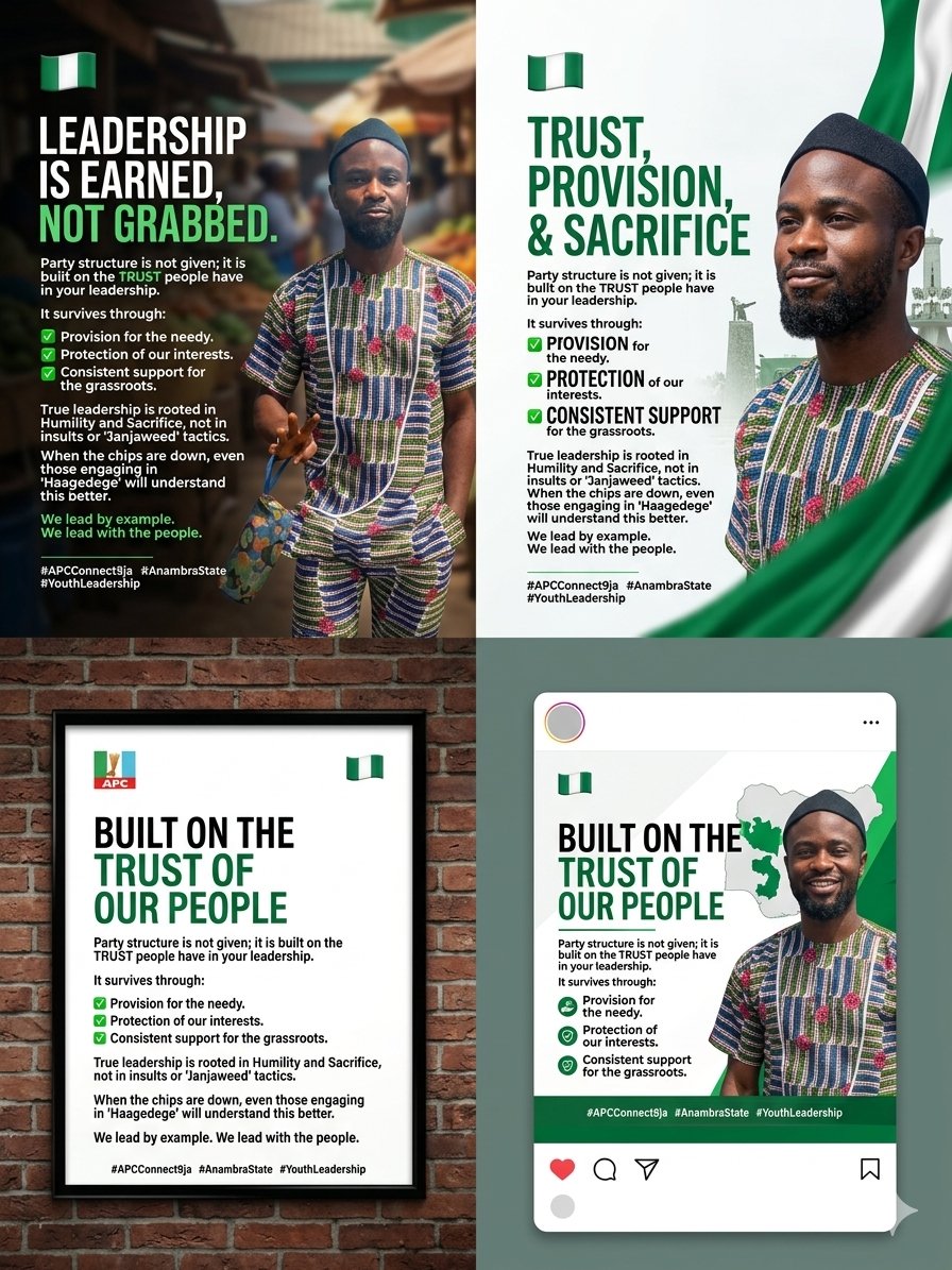 DumareTrends's tweet photo. *Leadership is earned, not grabbed.* 🇳🇬

Party structure is not given; it is built on the *TRUST* people have in your leadership. It survives through:
✅ *Provision* for the needy.
✅ *Protection* of our interests.
✅ *Consistent support* for the grassroots. https://t.co/Wzf94gGUqj