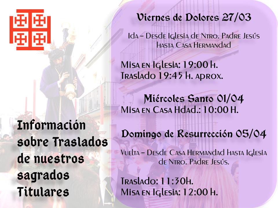 #TRASLADOS | mañana, domingo de Resurrección, 5 de abril, a las 11:30, tendrá lugar, D.m., el traslado de Nuestros Sagrados Titulares desde la Casa Hermandad hasta iglesia de Ntro. Padre Jesús.

A las 12:00 h. Santa Misa de Domingo de Resurrección.