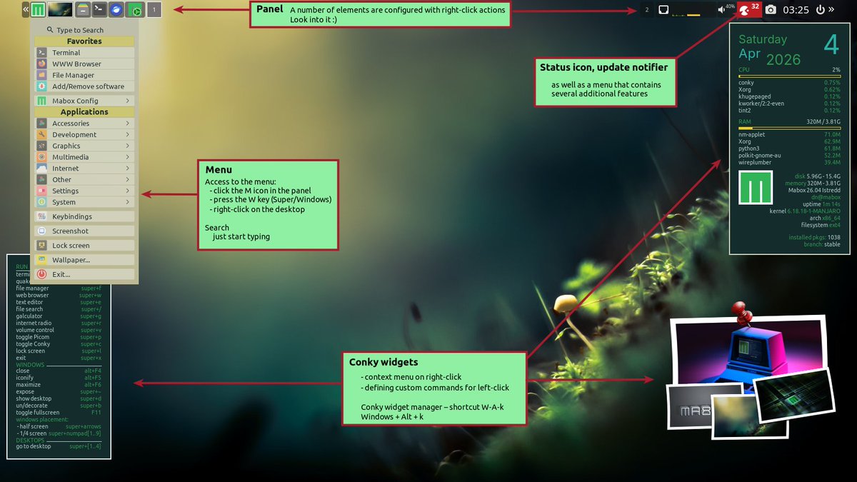 MaboxLinux's tweet photo. Key components of the Mabox Linux desktop. https://t.co/NLmHMXCFe4