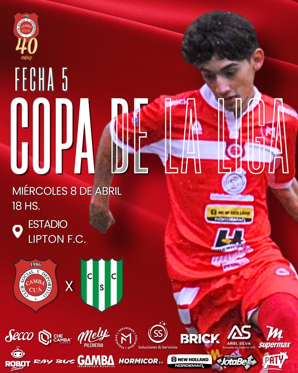 💪🏽 Fecha 5️⃣ hacia allá vamos‼️

🗓 Miércoles 8 de abril
🕕 18 hs
🏟 Estadio Lipton F.C.
⚽️ Fecha 5️⃣ - Copa de la Liga

#CambáCuá40Años