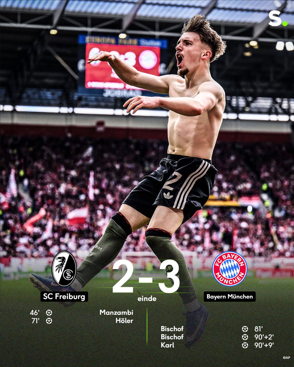 sporza's tweet image. Met de winnende treffer in minuut 99: Bayern München draait dubbele achterstand in dol slot nog om tegen Freiburg. #voetbal #SCFFCB

sporza.be/nl/matches/voe…
