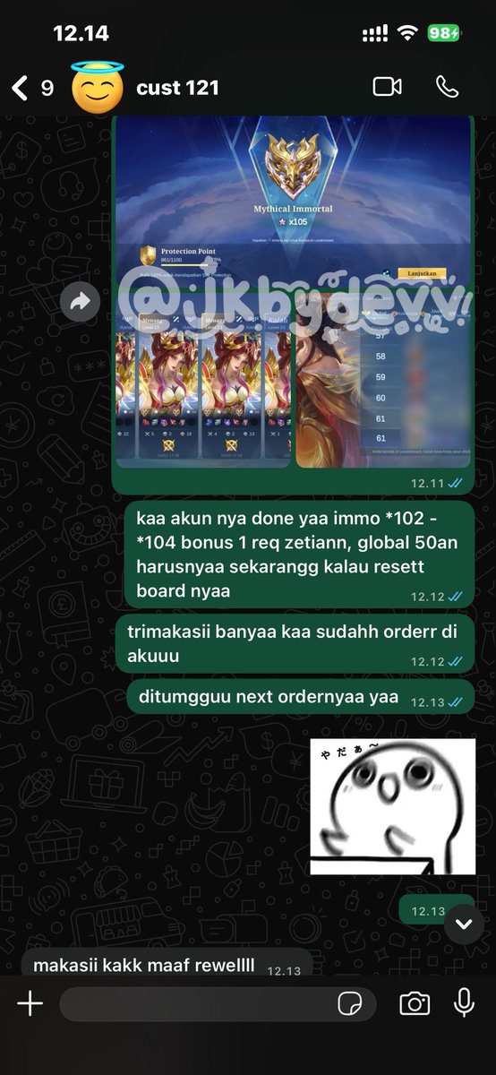 jkbydevv's tweet photo. #testiJKDEVV 
281. Immortal 🌟102 - Immortal 🌟105 req zetian
282. Jokgen Legend I🌟1 - Mythic grad req mid
283. Honor 🌟31 - Honor 🌟42 req bened guin sora
284. Legend I🌟5 - Mythic grad 2 win req zhuxin lylia https://t.co/97K5OeOUfy