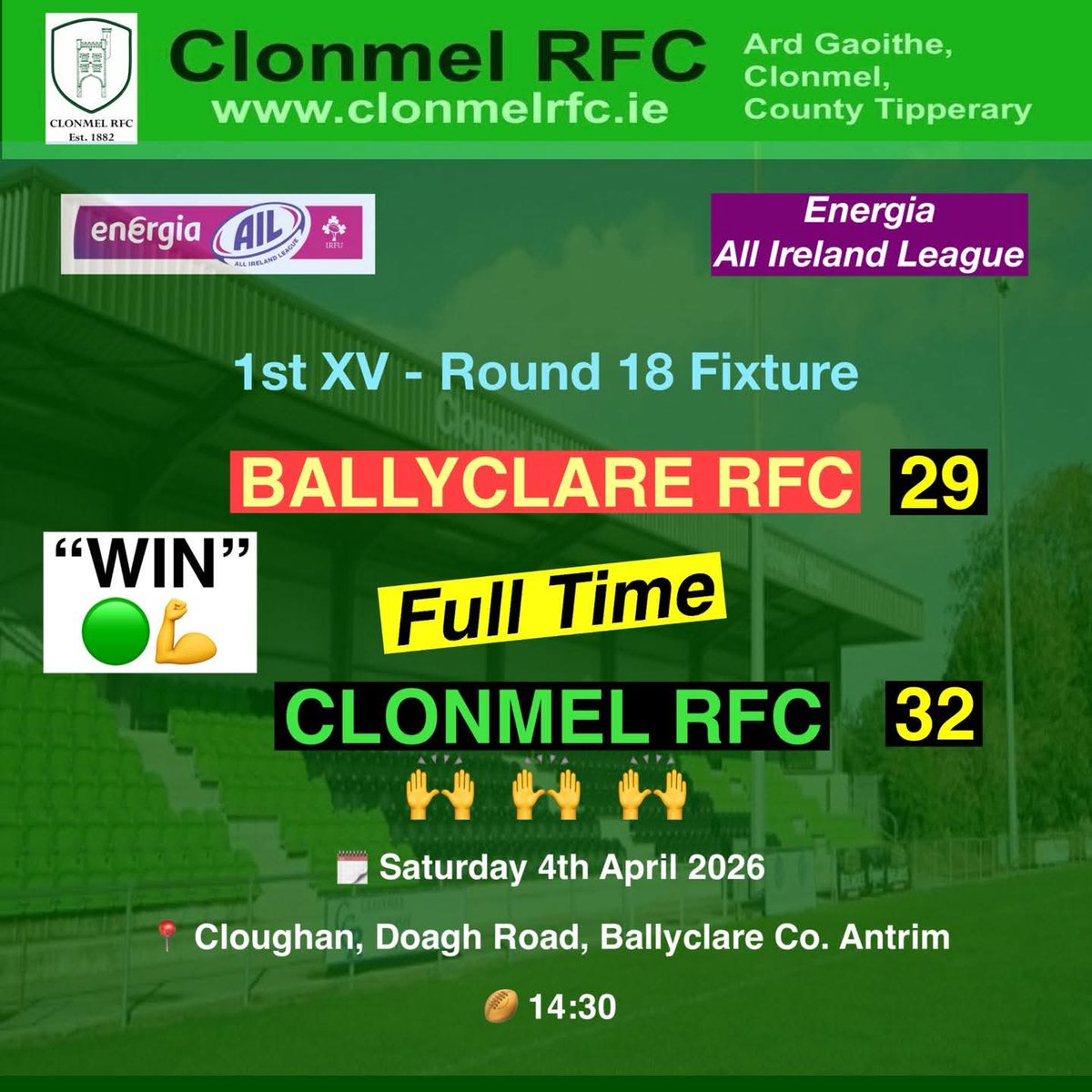 ClonmelRFC's tweet photo. ALL IRELAND LEAGUE CHAMPIONS
Energia AIL Div2C 2025/26 League Winner 🏆 
CLONMEL 1XV 🟢💪
R18 Full Time Result
Ballyclare🔴 29-32 🟢Clonmel
Play Off’s to come, roll on All Ireland Semi Final 👏
Clonmel, Your Town Your Club
🟢💪 https://t.co/d1sUHIF1Jc