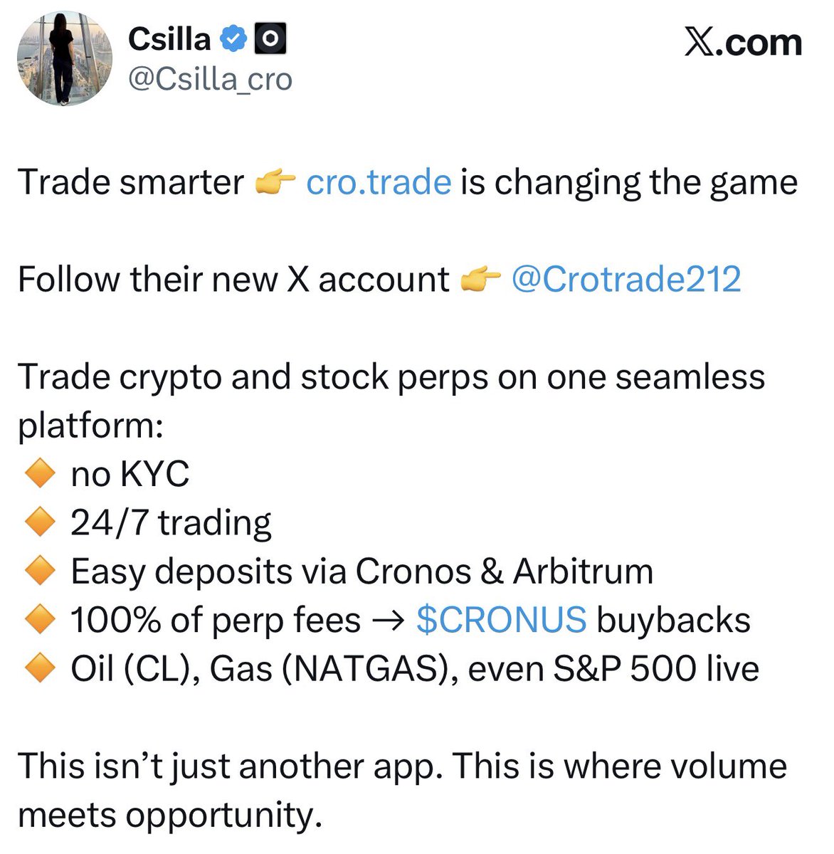 212MCGA's tweet image. 🚨JUST IN: official #Cryptocom ambassador @Csilla_cro spotlights the innovative cro.trade app, revealing its game‑changing features for #Crofam.

Make #CRO Great Again! 🔥 @Crotrade212