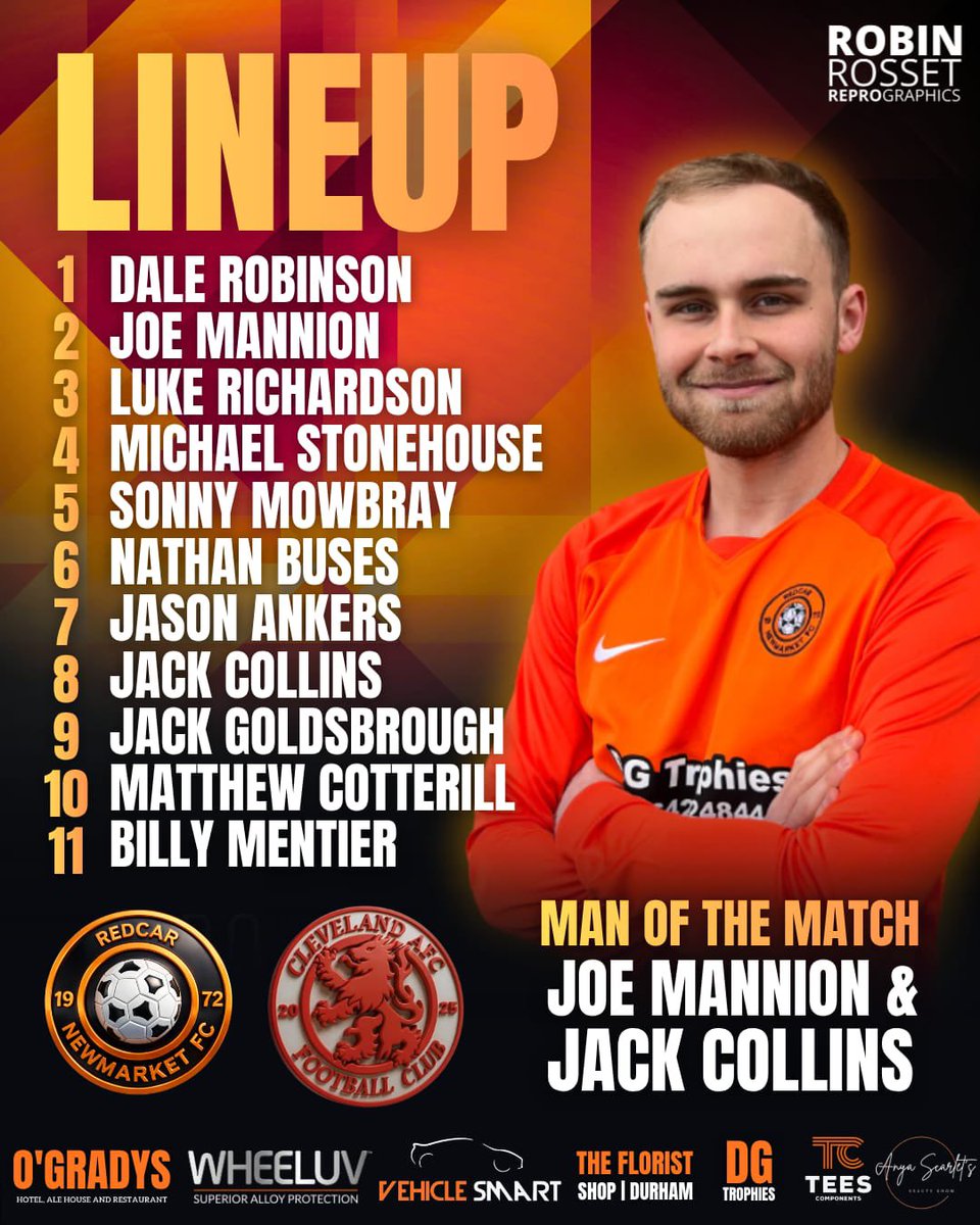 RedcarNewmarket's tweet photo. LINEUP:

The first half was a tight contest, with Newmarket having the better chances. Some more chances missed in the second half, before the opposition coolly finished off two counter attacks to put the game to bed.

All the best to @Cleveland_AFC in the next round.

🟠⚫️ https://t.co/YWvSG04cfg