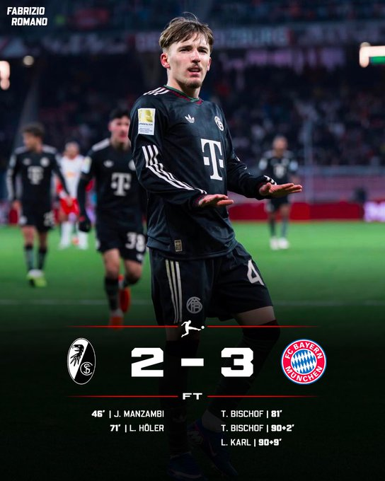 Dee_babalola's tweet photo. Drama in Freiburg! ๐ค
Joshua Kimmich and Bayern fight back to snatch a 3-2 thriller with late goals!
Heart-stopping comeback in the Bundesliga ๐ฅ
#MiaSanMia #BayernMunich #Bundesliga #Kimmich #FCBayern #ComebackKings https://t.co/D3fJ9BxS9g