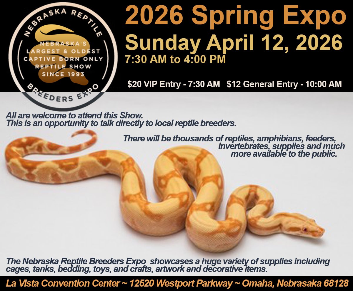 GlennEisel's tweet photo. Nebraska Reptile Breeders Expo
SUNDAY April 12th 2026 
Embassy Suites Hotel 
La Vista conference center
12520 Westport PKWY
Omaha NE 68128 7:30AM VIP entry $20 10AM entry $12.00A $5.00C https://t.co/dTXyfpdEXj https://t.co/wZqDCxu0yW
