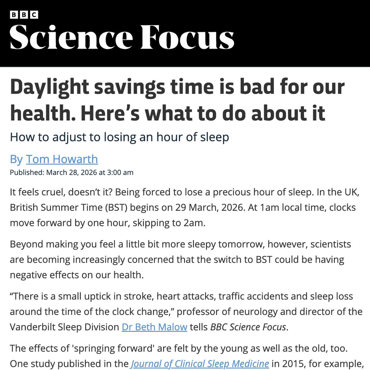 “There are health effects for almost eight months related to shifting light away from morning (due to clock change) and into evening. We need morning light to wake, align biological clocks, and improve mood.”
