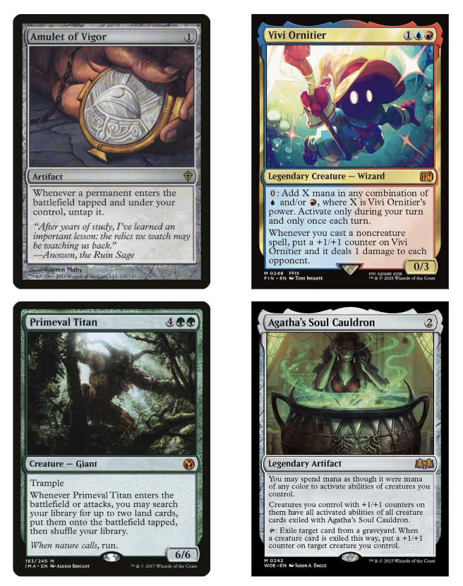 Sierkovitz's tweet photo. My wife's cousin is visiting and her husband used to play Magic in the 90s. He asked me if we can play some games so he can relive the past. Do you think Amulet Titan vs. Vivi Cauldron is a good way to reintroduce someone to the game? https://t.co/E3y14zDHrj