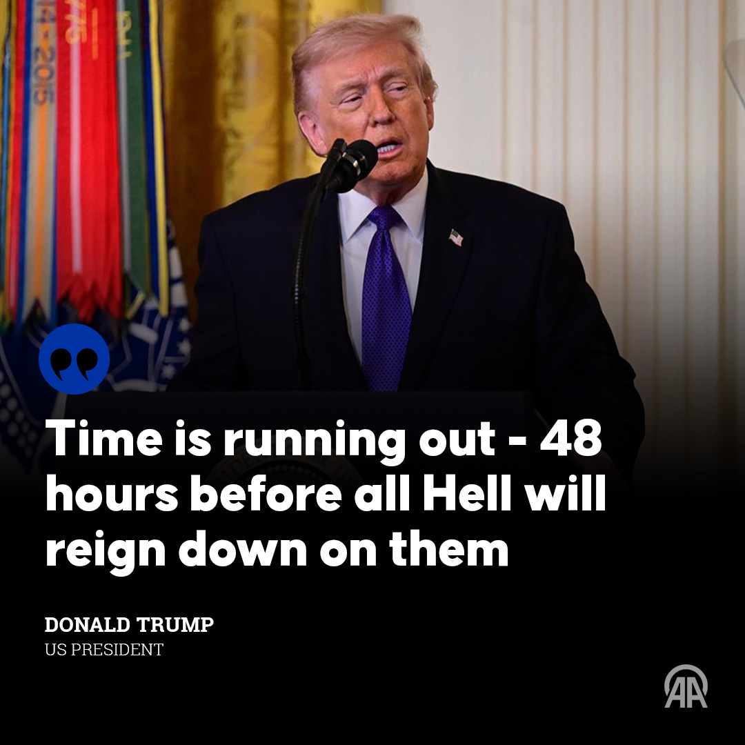 anadoluagency's tweet photo. US President Donald Trump said Saturday that Iran has 48 hours to meet Washington’s demands to make a deal or reopen the Strait of Hormuz https://t.co/MpYONXmsSD https://t.co/yanzIwUvRB