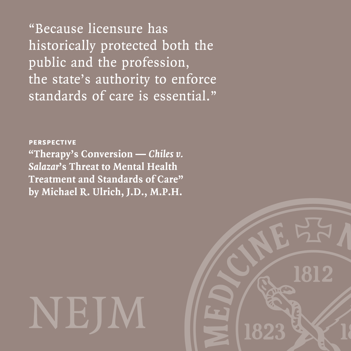 NEJM's tweet photo. In a new Perspective essay, @MichaelRUlrich, JD, MPH, argues that 𝘊𝘩𝘪𝘭𝘦𝘴 𝘷. 𝘚𝘢𝘭𝘢𝘻𝘢𝘳, a challenge to Colorado’s ban on conversion therapy, could seriously affect LGBTQ+ health, mental health professionals, and the legal relevance of standards of care.

[Note: On March 30, the Court held that Colorado’s law was a content-based viewpoint restriction of speech that requires lower courts to apply the most stringent form of judicial review.] 

Read the full Perspective: https://t.co/rzQrP4rslF