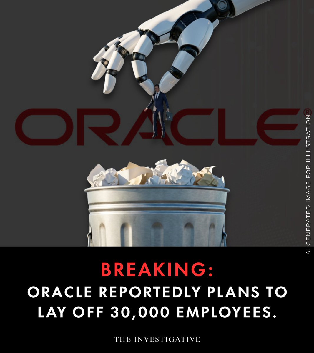 AnonymousNewsHQ's tweet image. Oracle has begun large-scale layoffs in 2026, potentially affecting 20,000–30,000 roles. Despite strong profits, the cuts reflect a shift toward AI and cloud investments, mirroring moves by IBM, Amazon, Google, and Atlassian.

#Oracle #Layoffs2026 #TechIndustry #AI #fblifestyle