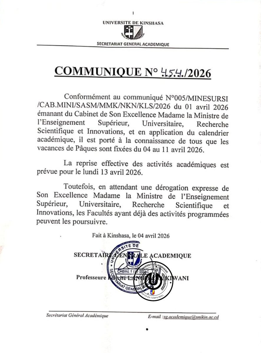 Infos_Unikin01's tweet photo. 📢AVIS VACANCES DE PÂQUES
​Du 4 au 11 avril.Retrouvez-nous le lundi 13 avril pour la reprise !
​Note : Les activités déjà planifiées en facultés se poursuivent, en attendant les instructions de S.E. Mme la Ministre de l'ESURSI.
​Bon repos et joyeuses vacances à tous🐣✨! https://t.co/pAKspvwF3C