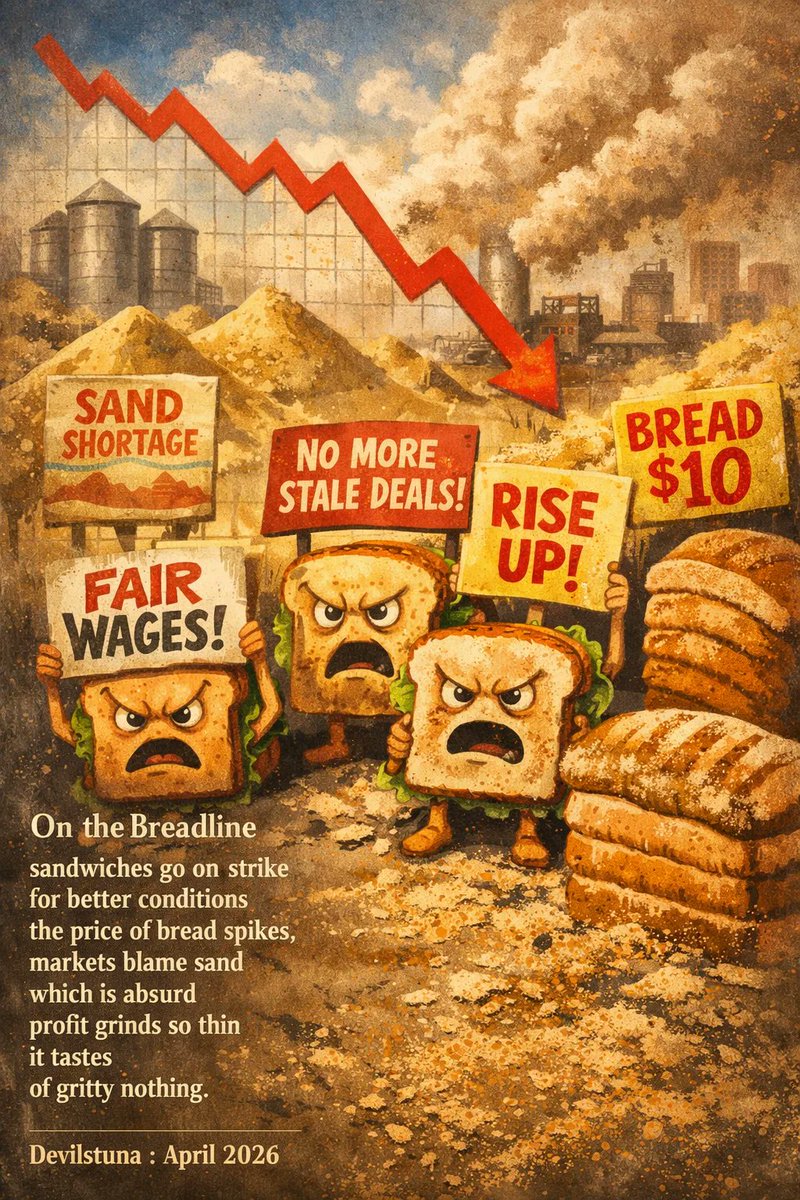 thedevilstuna's tweet image. #vss365

On the Breadline

sandwiches go on strike
for better conditions
the price of bread spikes,
markets blame sand
which is absurd
profit grinds so thin
it tastes
of gritty nothing.

#sand
#poetrycommunity
#writerscommunity
#poem