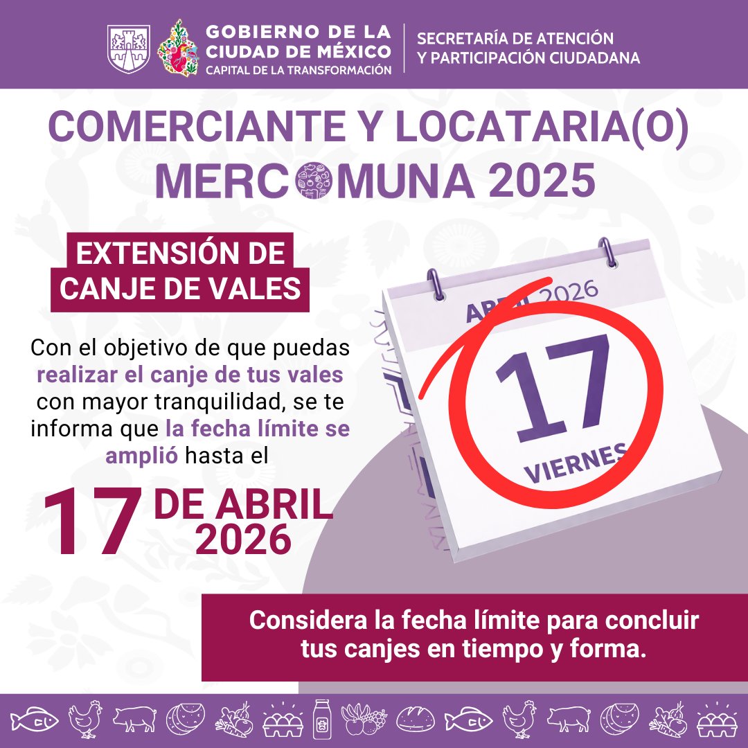 SAPCI_CDMX's tweet photo. Recuerda que aún estás a tiempo de utilizar tus vales #MERCOMUNA.

Las personas beneficiarias pueden usarlos en negocios incorporados al programa hasta el 10 de abril de 2026.

Comerciantes y locatari@s podrán canjearlos hasta el 17 de abril de 2026.

#CapitalDeLaTransformación https://t.co/nT74xS0CaU