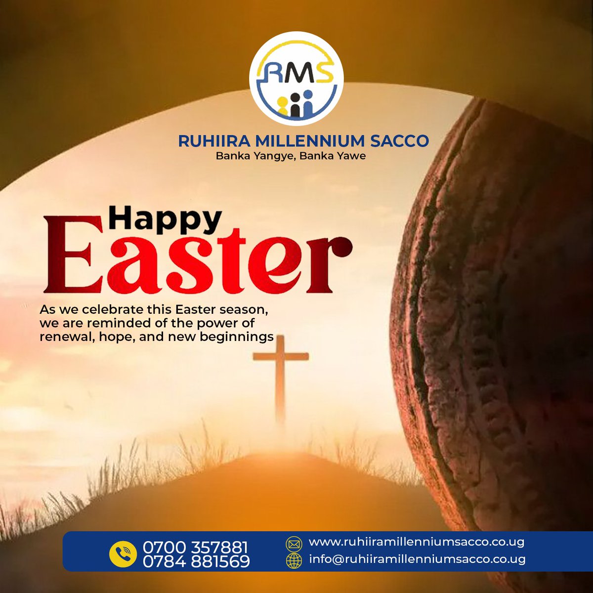 Easter Greetings!
Today reminds us that no matter how dark the night may seem, joy always comes in the morning. The resurrection of Jesus Christ is a powerful symbol of hope, renewal, and victory over every challenge in life. Happy holidays  from all of us 
<a href="/ruhiiramsacco/">Ruhiira Millennium Sacco</a>