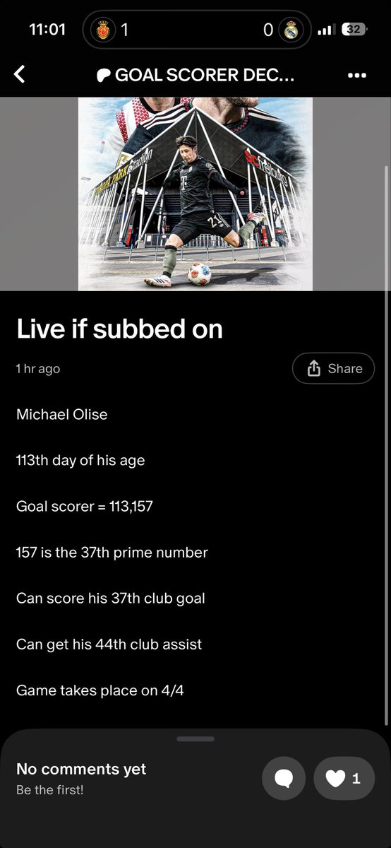 Michael Olise 
113th day of his age 
Goal scorer = 113,157
157 is the 37th prime number 
Can score his 37th club goal 
Can get his 44th club assist 
Game takes place on 4/4