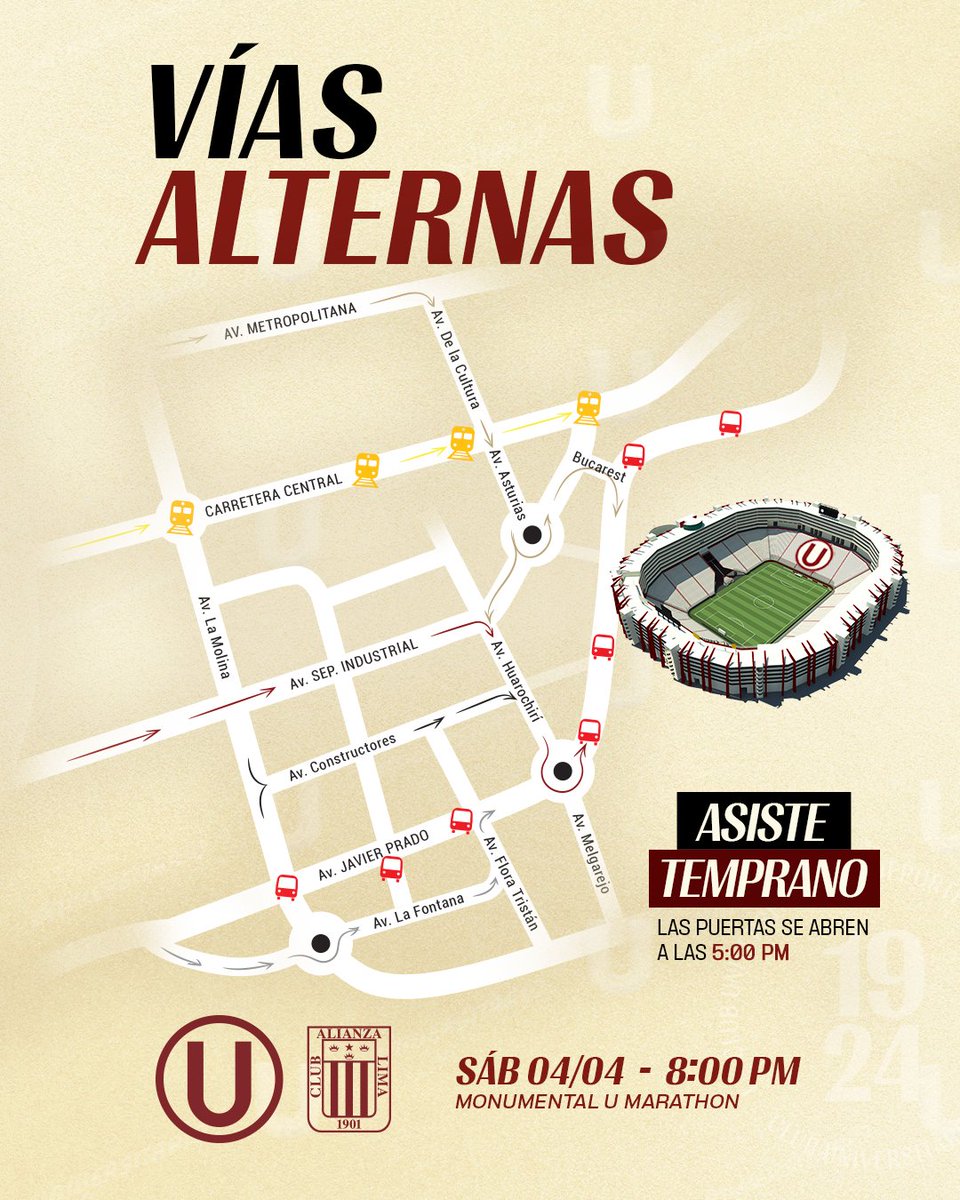 🏟️ 𝗔𝗩𝗜𝗦𝗢 𝗜𝗠𝗣𝗢𝗥𝗧𝗔𝗡𝗧𝗘 

👉 Hincha crema, toma en cuenta estas consideraciones para asistir a nuestro partido de hoy.

👉 Es obligatorio presentar DNI al ingresar al <a href="/Monumental_U_/">Estadio Monumental Ⓤ Marathon</a>. No se permitirá el ingreso con C4.

👉 Asiste temprano al estadio, evita el tráfico y