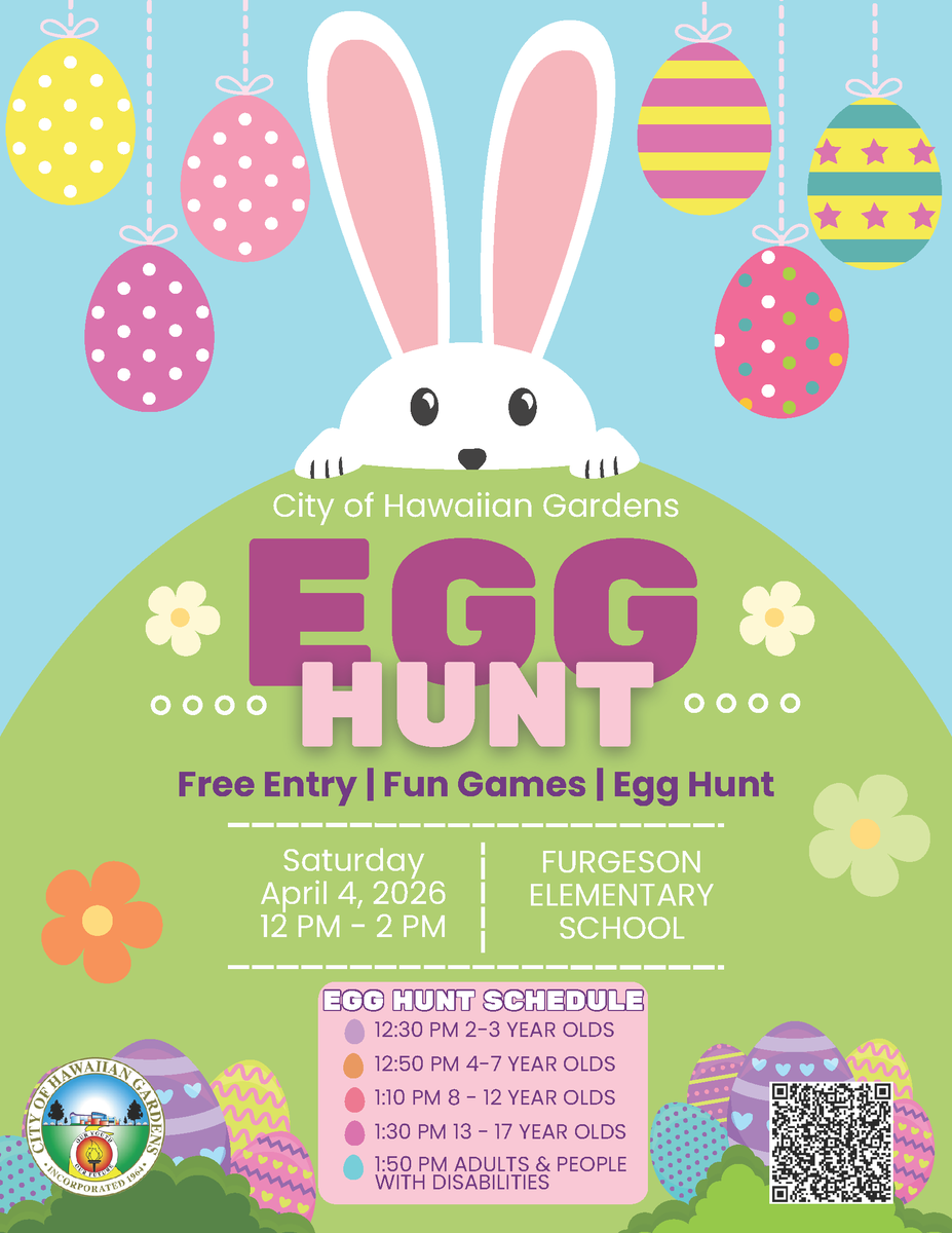HawaiianGardens's tweet image. The City Easter Egg Hunt is TODAY April 4th!
Join us 12 p.m. to 2 p.m.
Furgeson Elementary
Games, Egg Hunt, and more.
#EasterEggHunt #HawaiianGardens #CommunityEvent #FamilyFun #Easter2026 #SpringFest #LocalEvents #FreeEntry #KidsActivities