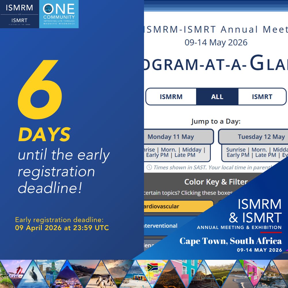 ISMRM's tweet photo. A New Meeting Experience!
Study Group Day. Flash Presentations. Case-Based Sessions.
A new Annual Meeting experience is waiting.
Don’t miss early reg savings before 09 April 2026.
https://t.co/bWiFBvtsYg
#ISMRM #ISMRT #ISMRM26 #ISMRT26 #MRI #CapeTown #GlobalMR #MRCommunity https://t.co/A1xppf9wyV