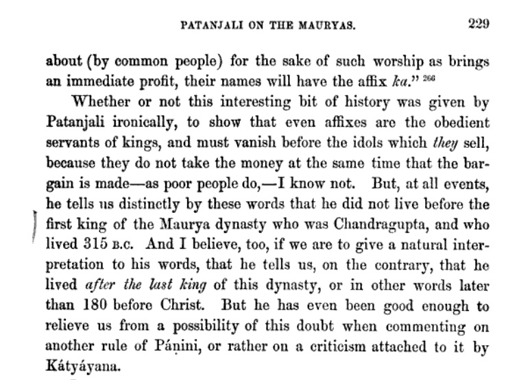 yashasvipratap's tweet photo. @VedicWisdom1 Those aren't even Patanjali's words, it's part of "Udyota", a commentary by Nagojibhatta/Nagesh Bhat on the Mahabhasya.

Originally Patanjali here was expanding on Panini's Ashtadhyayi.

The discussion is about the "-ka" suffix and why its mention isn't there in case of Mauryas. https://t.co/ZeovDczcry