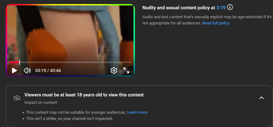 MelodyNosurname's tweet photo. Hi @YouTube @TeamYouTube, my newest video was falsely age restricted because my ARM is visible on screen for a bit. The appeal was denied within seconds. Please remove this. It makes your AI systems look incompetent. This is my main source of income, this is unacceptable. https://t.co/wIkb2UCzpm