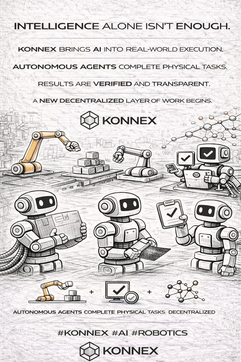 Intelligence alone isn’t enough.

<a href="/konnex_world/">Konnex</a>  brings AI into real world execution.
Autonomous agents complete physical tasks.
Results are verified and transparent.

A new decentralized layer of work begins.