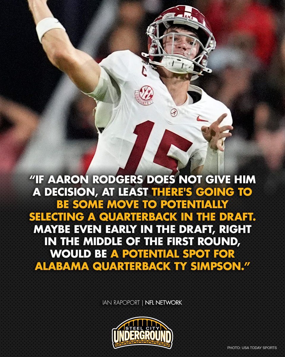 “Aaron Rodgers says hello”… but still hasn’t said yes.

Ian Rapoport says the Steelers are still waiting on that final decision, and if it doesn’t come soon, don’t be surprised if they pivot to the draft and look at a guy like Ty Simpson in the first round.

Everyone keeps