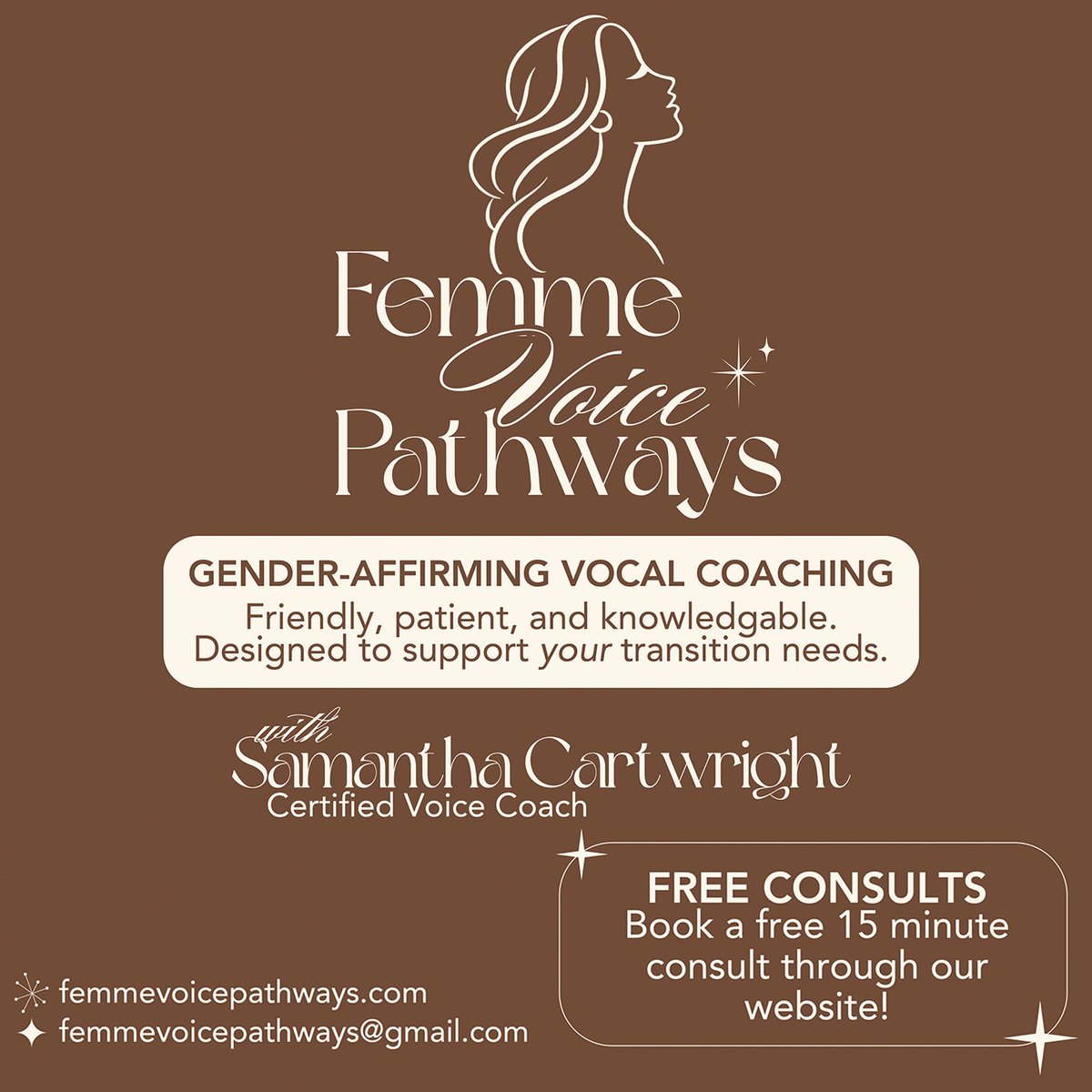 FemmeVoicePath's tweet photo. FVP is now live! 

At Femme Voice Pathways, it's my honour to get to be your Gender Affirming Vocal Coach no matter the stage you are in your transition. I want to be a cheerleader for you as we work together to help you meet your goals.

Go to https://t.co/XZp0CeM3bB for more! https://t.co/HJA7Accs4D
