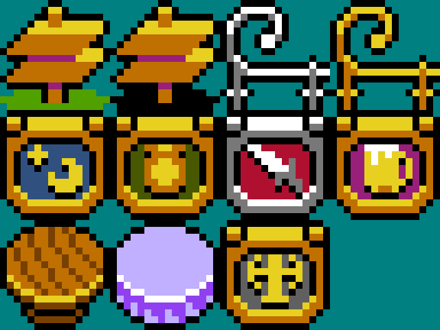 noragames's tweet photo. Map objects. It’s frustrating that I had to add an extra color just for the tavern's bubbles. #pixelart #ドット絵 https://t.co/OudFDQhNZ9