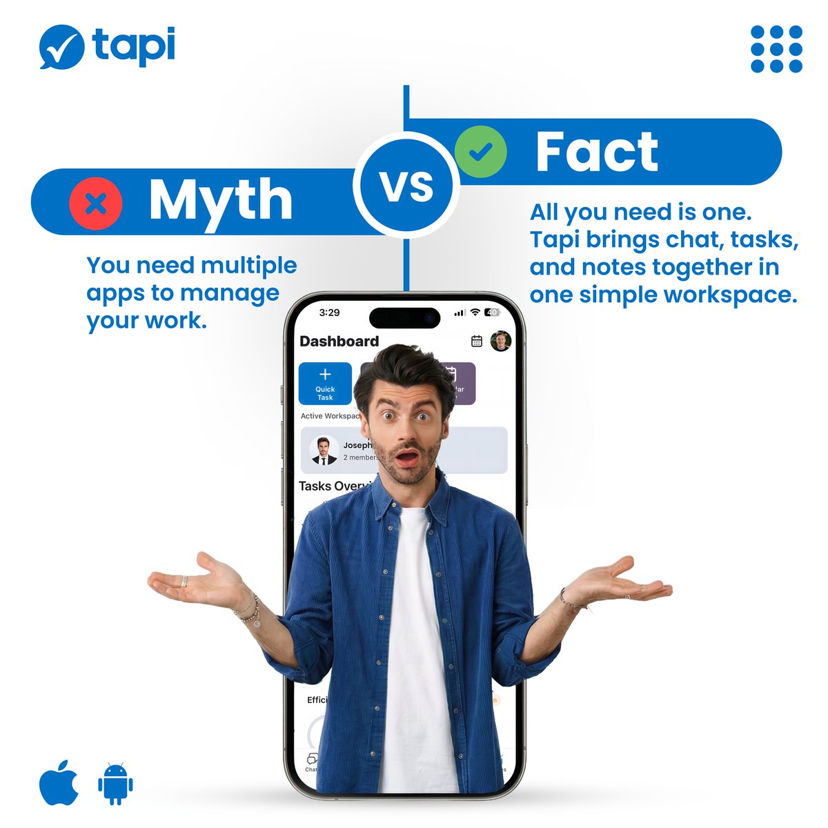TapiLtd's tweet photo. Myth vs Fact.

More apps don’t mean more productivity.
They just mean more chaos.
With Tapi, everything works together ….
chat, tasks, and notes in one place.

Work smarter, not scattered.

Download Tapi now : 📷 https://t.co/1ALiELsTmd
#MeetTapi #Tapi #WorkSmarter #Productivity https://t.co/MDgI0vHS3G