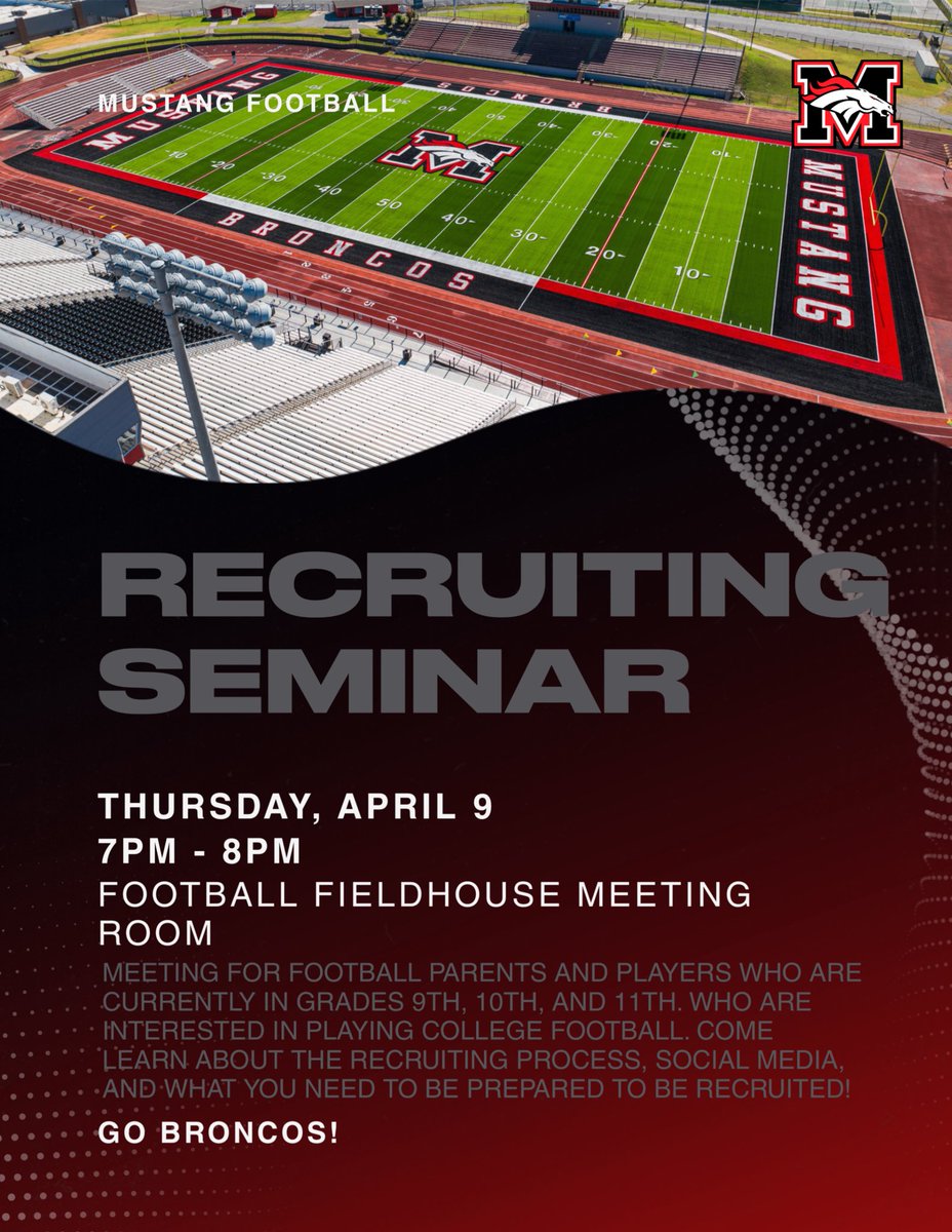 RecruitMustang's tweet photo. Recruiting Seminar
April 9 | 7β8 PM
Learn what it takes to play at the next level.
#WeAreMustang | #RecruitMustang https://t.co/9pSUsFD1Lw