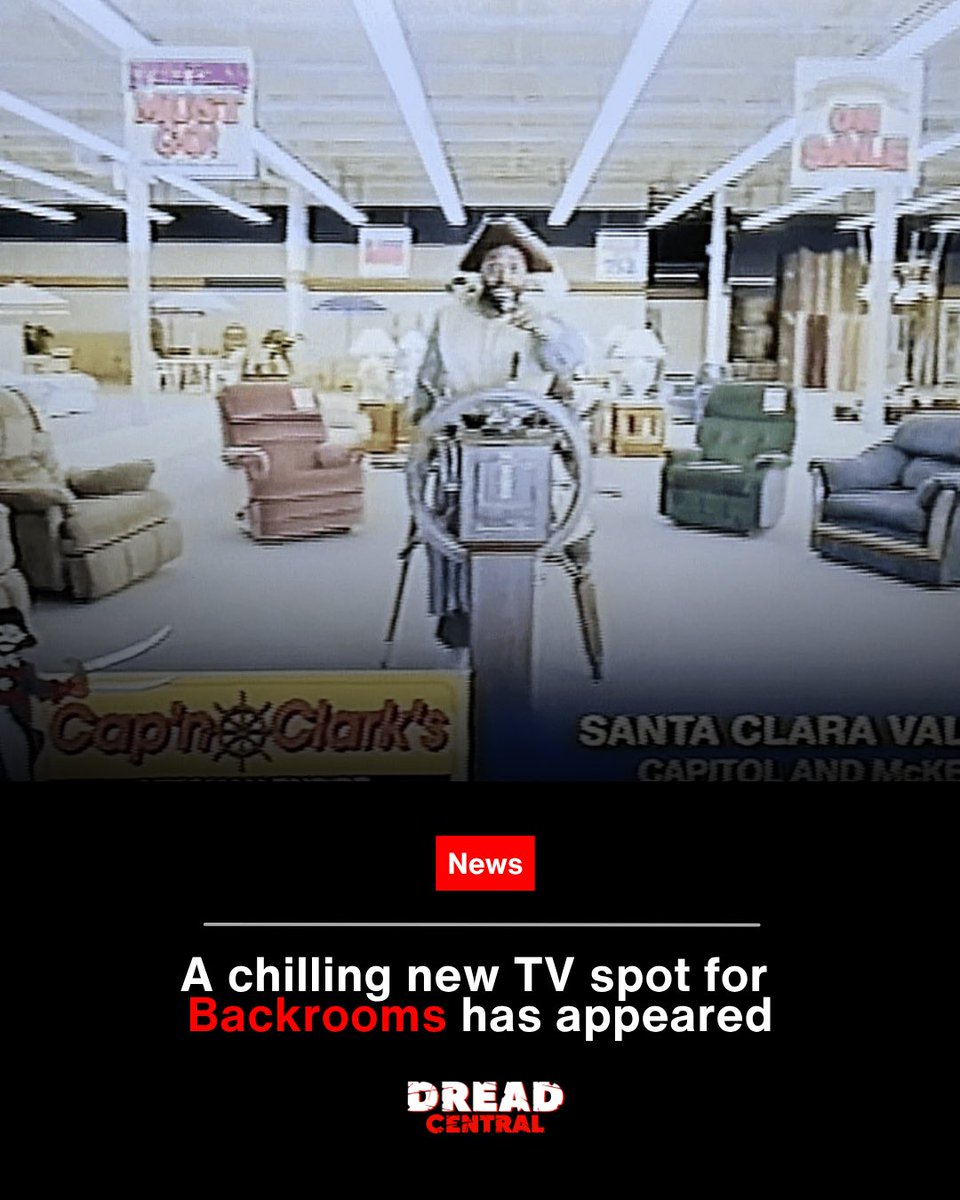 DreadCentral's tweet image. A faux commercial for Chiwetel Ejiofor’s furniture store, Cap’n Clark’s Ottoman Empire, has been spotted on Pluto TV. The hype is real for what’s poised to be the ambient horror hit of the year.  @a24 will open the portal to
'Backrooms' on May 29, 2026. #Backrooms #A24