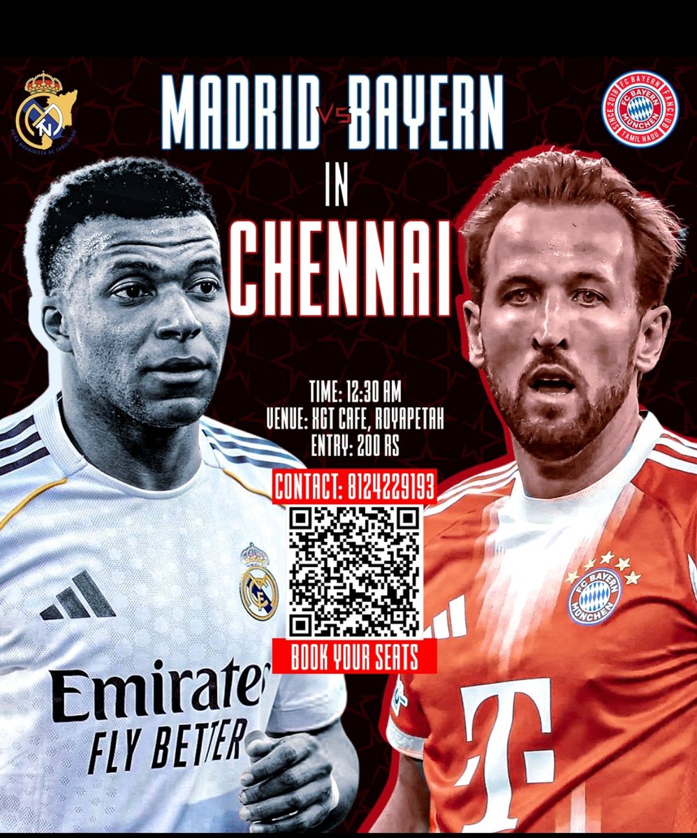 FCBayernTN's tweet photo. 🔴⚪FC Bayern Tamil Nadu &amp; Real Madrid Chennai presents: European Clasico Screening
 ⚪🔵

𝗥𝗲𝗮𝗹 𝗠𝗮𝗱𝗿𝗶𝗱 ⚔️ 𝗕𝗮𝘆𝗲𝗿𝗻 𝗠𝘂𝗻𝗶𝗰𝗵
𝗗𝗮𝘁𝗲: 𝟬𝟴.𝟬𝟰.𝟮𝟬𝟮𝟲
𝗧𝗶𝗺𝗲: 𝟭𝟮.𝟯𝟬 𝗔𝗠 𝗜𝗦𝗧 (𝗘𝗻𝘁𝗿𝘆 𝗦𝘁𝗮𝗿𝘁𝘀 𝗳𝗿𝗼𝗺 𝟭𝟭.𝟰𝟱 𝗣𝗠 𝗜𝗦𝗧)
𝗘𝗻𝘁𝗿𝘆 ₹𝟮𝟬𝟬 https://t.co/t6dLE3cbUN