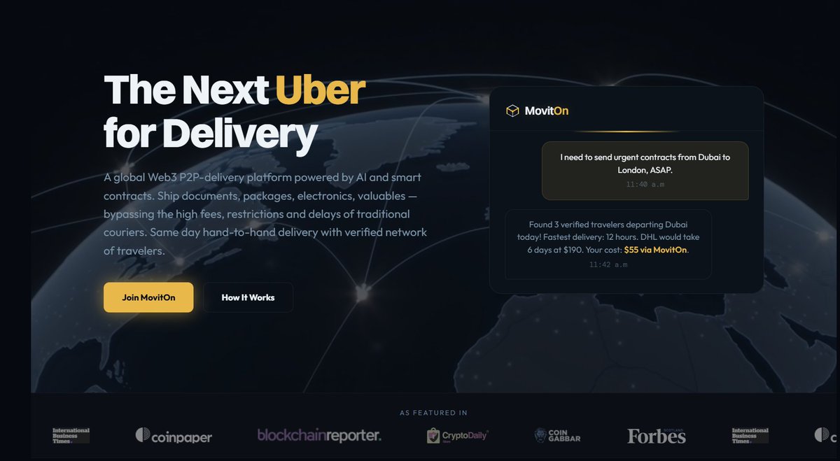 _MrKript_'s tweet photo. MovitOn offers a decentralized logistics platform connecting shippers with travelers to facilitate faster, cost-effective deliveries through P2P, Web3 technology. @MovitOn_P2P    For more information, visit https://t.co/oETnhzH3IT https://t.co/DEPkwIcyUj