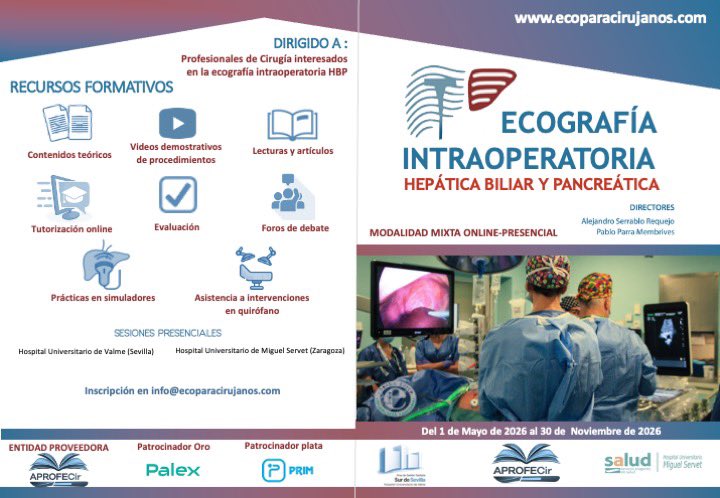 PParraMembrives's tweet photo. Abrimos el plazo de inscripciones para nuestro 8° Curso de Ecografía Intraoperatoria Hepática, Biliar y Pancreatica . En Mayo con la
Fase teórica . Esperamos veros pronto va! @Serrablohpb @dariobaena @CirugiaHUValme @Granada_Jimenez @A_GallegoVela https://t.co/uQsUnYCx2y