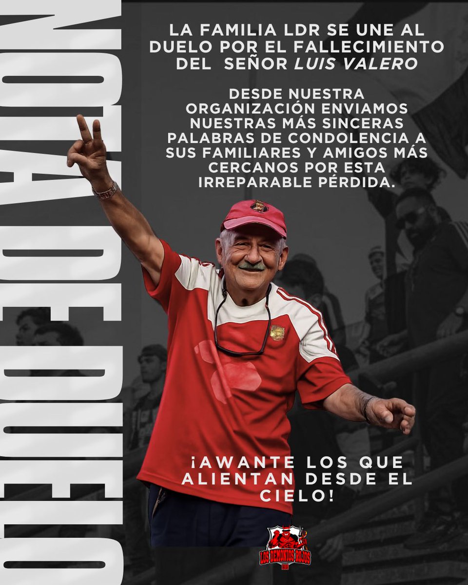 LDR_CFC's tweet photo. ¡Hasta siempre, tío!

Hoy despedimos a un gran amigo, al señor Luis Valero, hincha fiel al Rojo que parte a la Sur más alta para seguir con esa alegría que siempre lo caracterizó. https://t.co/r20TwNuWXt