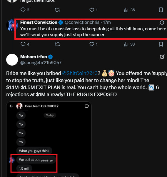 inwe2011's tweet photo. For everyone who says screenshots are lie, we have something you cannot fake. We’re not just talking about the 6 REJECTIONS AT $1M. 📉

We are not just talking about the dev offering BRIBES ("supply") to buy silence, just like they bought @ShitCoin2013. 💰🤡

LISTEN TO THIS. 🎤  WATCH THIS VIDEO WITH AUDIO ADMISSION . That is the dev’s own voice admitting to the $1 - $1.5M EXIT PLAN and the 20% BUNDLE dump! 📉 They called it a "gem" to trap you as their exit liquidity. 🤡

If you don't believe the screenshot, and you don't believe the video... THEN JUST LOOK AT THE CHART! 📈

It doesn’t matter what you believe, THE CHART NEVER LIES. How many times have they tried to break $1M? 6 times in a row! 📉

They call for "raids" while bleeding their 20% bundle bags every single time the price pumps. $1M IS THE END. 🚨

The rug is exposed. The proofs are here. ADMITTED SCAM.  🚨
