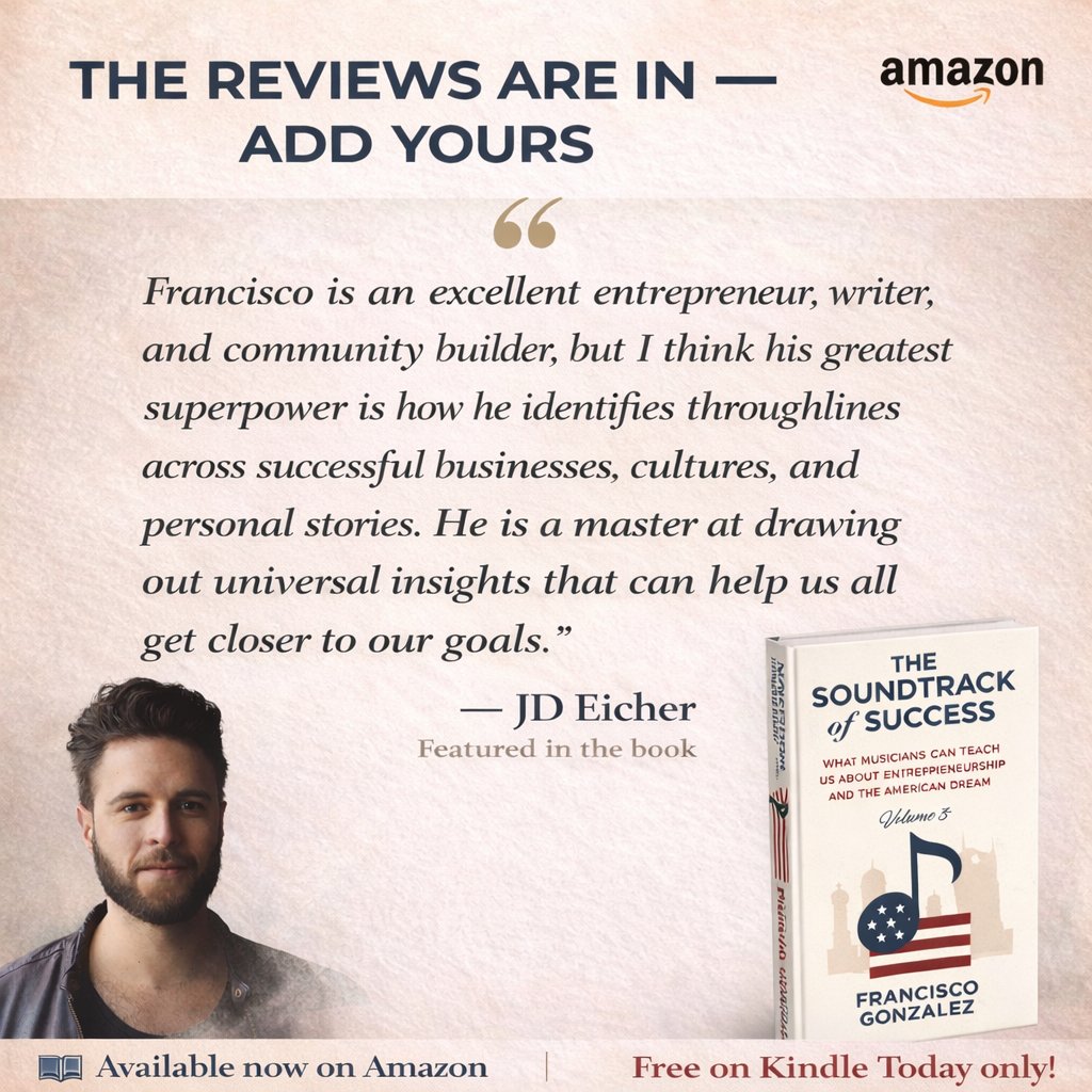fgonzalez1978's tweet photo. The reviews are coming in for my new book, “The Soundtrack of Success.” Today is the final day to get your FREE Kindle / ebook version of the book on Amazon. Once you do, please kindly write a verified review. It will help boost the book into a broader audience. Thank you!

Get it here: https://t.co/cNRReoi30p