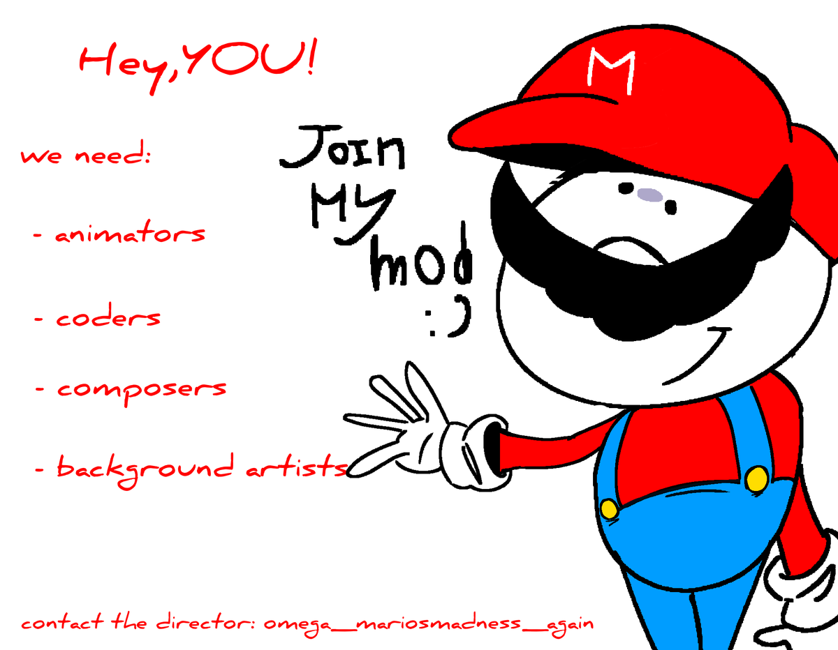 da_lava_monke's tweet photo. Oh noes! Maro needs some people for his mod! If only somebody would come help..
VS MARO V2 

We need:
- Animators
- Coders
- Composers
- Background artists

If you wanna join you can contact the director on discord:omega_mariosmadness_again https://t.co/57ylCSjdGb