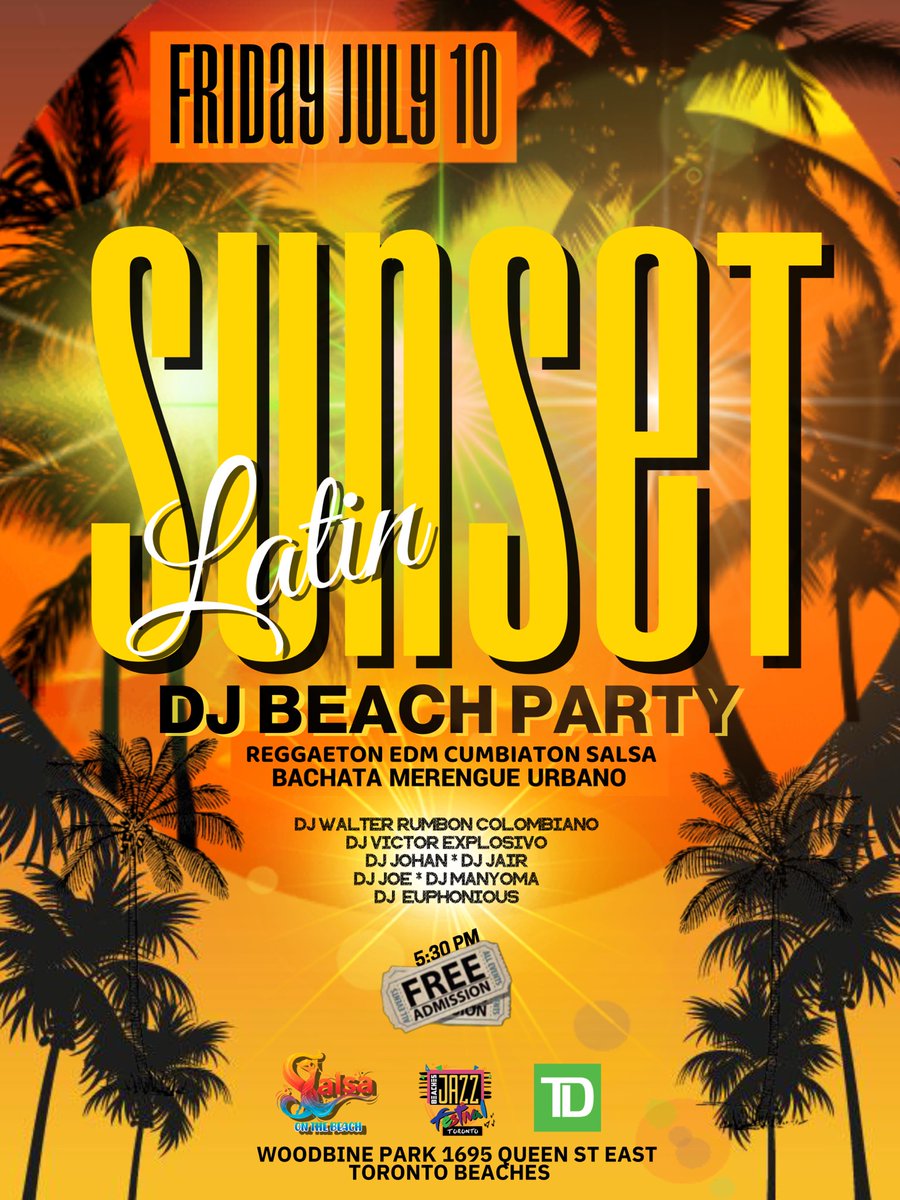 ColombiaSsauga's tweet photo. Sunset in the heart of Toronto's Beaches is an electrifying dance party destination! Get ready to feel the beat as our best DJs spin reggaeton, EDM, urban merengue cumcuation and salsa at Woodbine Park on July 10th, starting at 5:30 PM. Don't miss out on this one-of-a-kind event, https://t.co/McXZASqaus