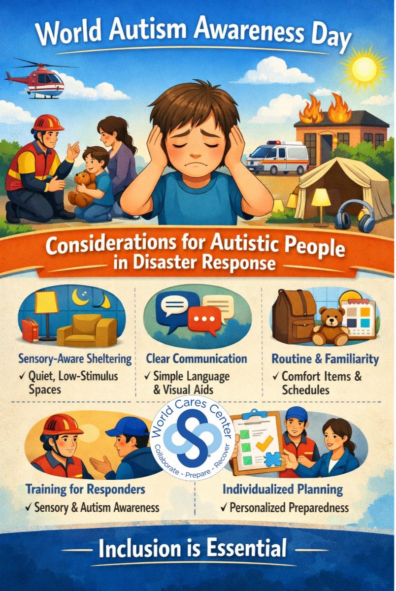 WorldCares's tweet photo. Disaster response is never one-size-fits-all—and for individuals with Autism Spectrum Disorder, the challenges during emergencies can be uniquely intense and often overlooked. Awareness and Understanding is critical. https://t.co/t4sJVeHbVr
