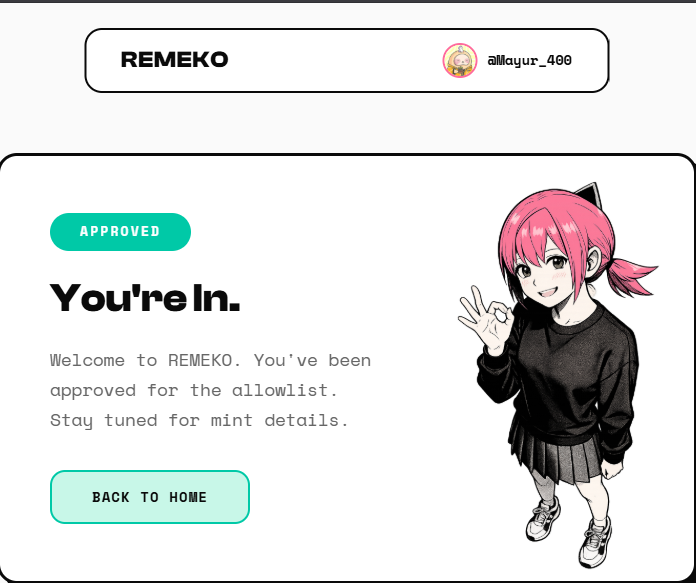 Mayur_400's tweet photo. Finallyyyyyyy I got approved for @remekoAI🌸 

Thanking all of my friends for supporting me

A big shout out to them @Dreaming_guyaka @0xSynx @jonxkbz @callmemoh_ @peeky911 

It was not possible without you guys love you 🫶 https://t.co/s8V5HJWujB